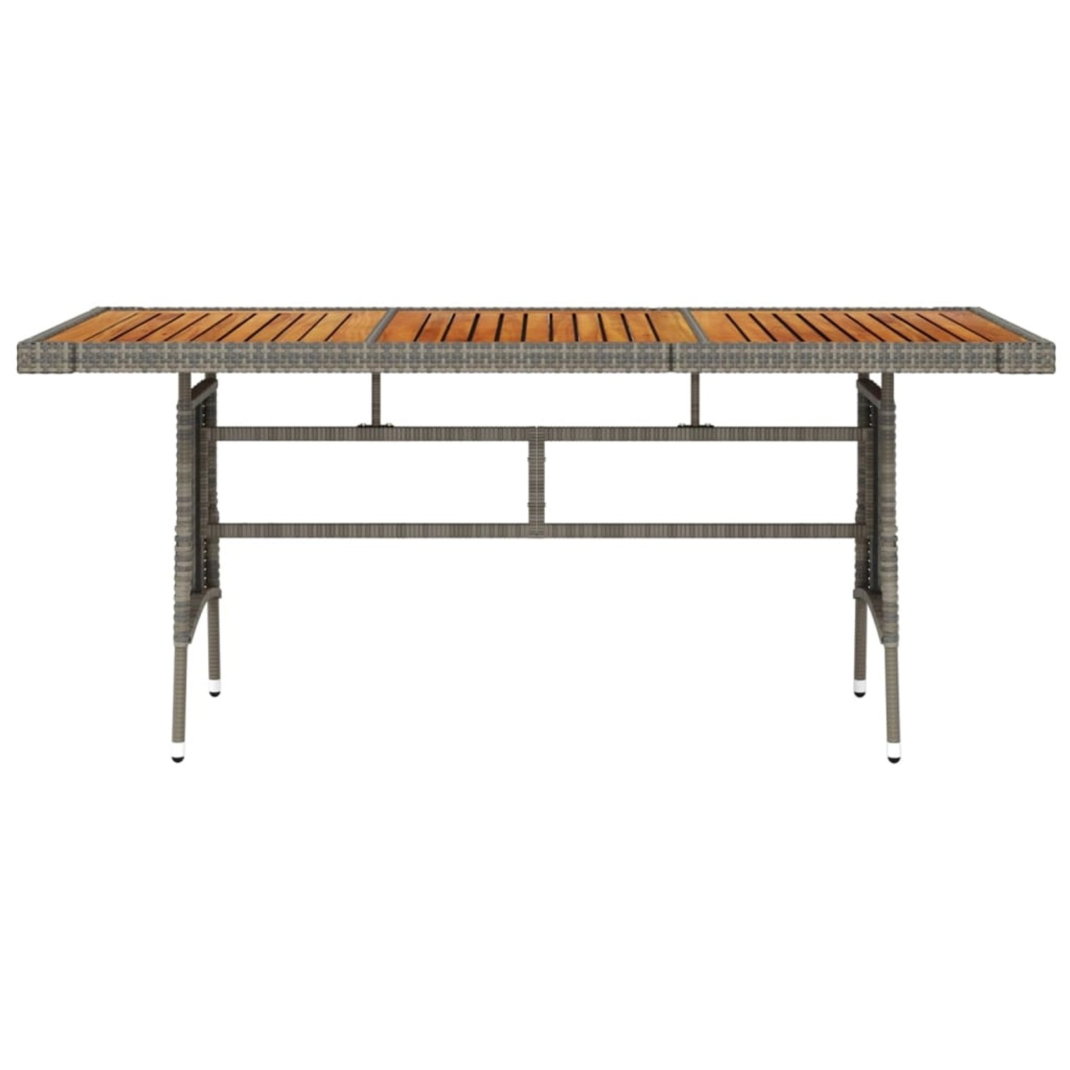 Grauer vidaXL Gartentisch aus Rattan und Akazienholz, 160x70x72 cm.