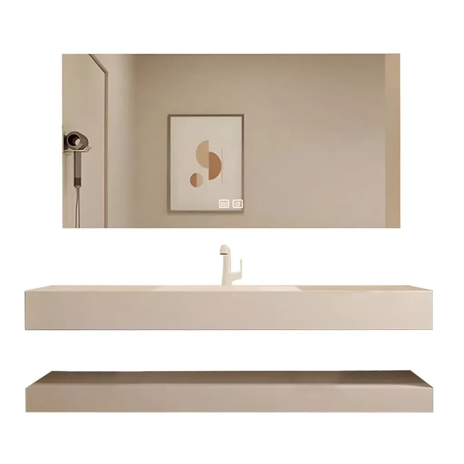 360Home Waschbecken Set Beige 130 CM Aus Sinterstein Mit LED Spiegel Und Ablageplatte CB303130