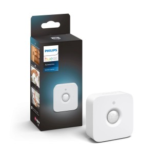 Philips Hue Bewegungsmelder Indoor im 4er Pack, weiße Sensoren mit Verpackung.