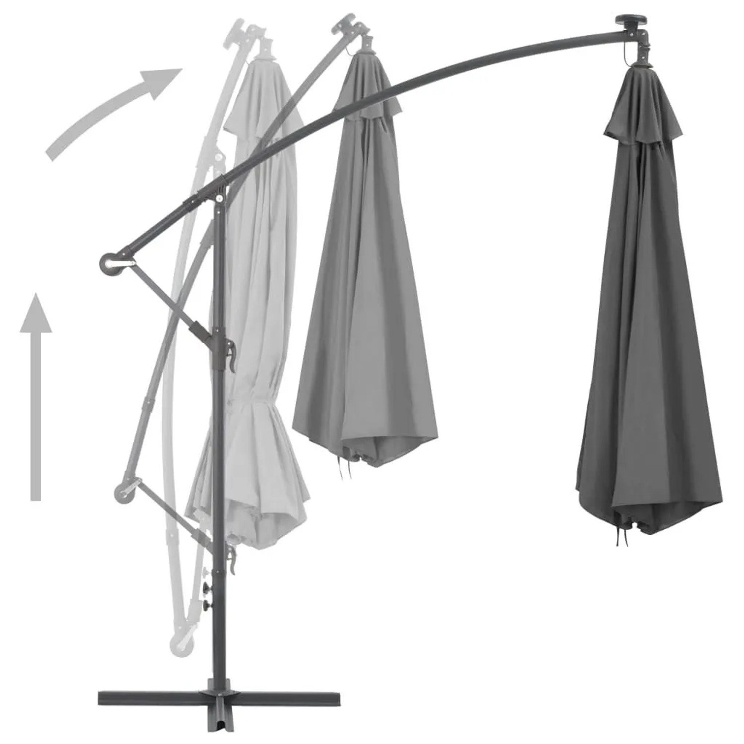 Anthrazitfarbener Ampelschirm, 300 cm, mit Stahlmast und Kurbelmechanismus.