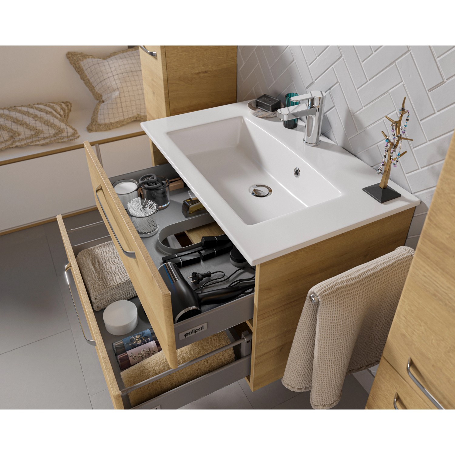 Pelipal Badmöbelset Trentino Riviera Eiche mit offenem Schubladen und Waschtisch.