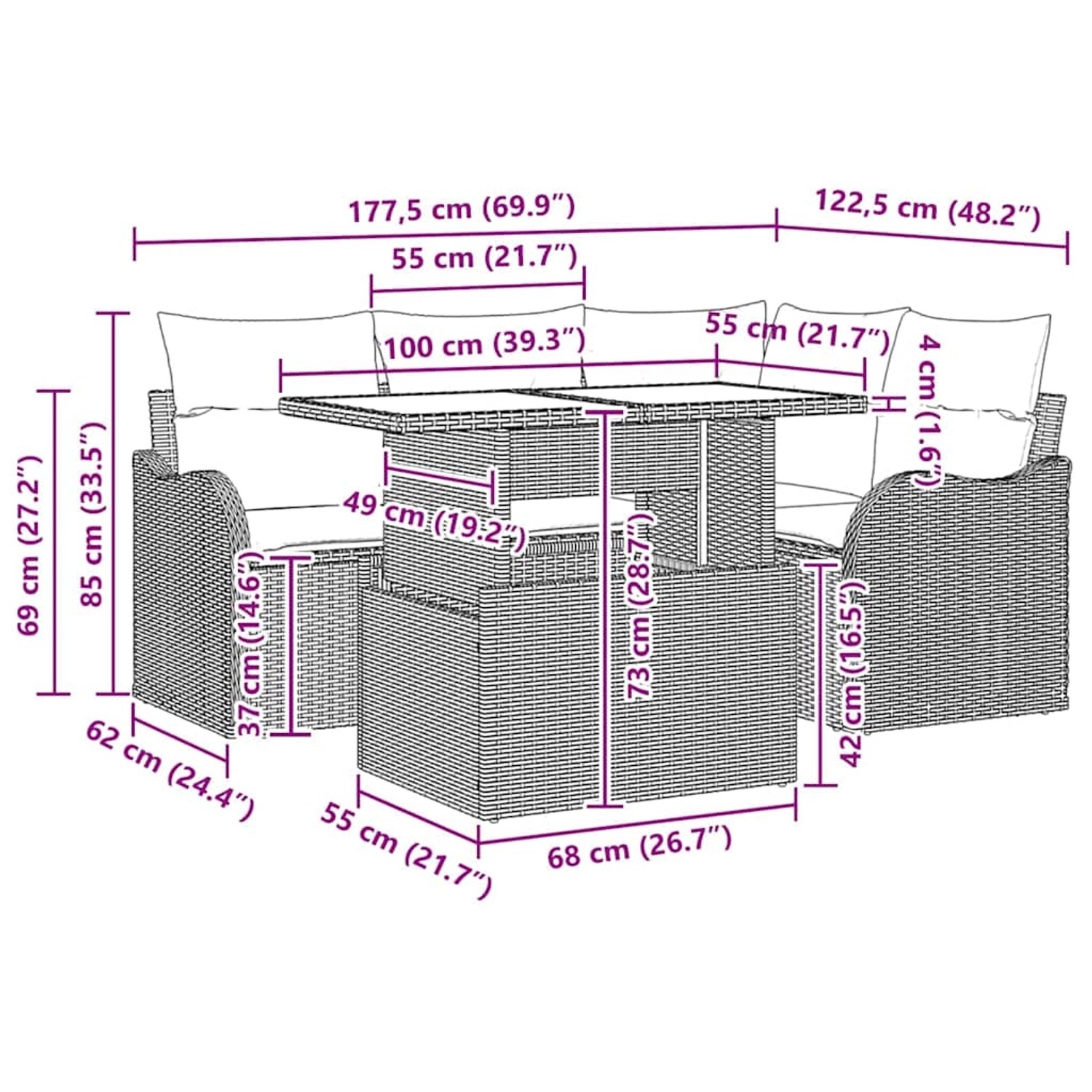 Braunes 5-tlg. Garten-Sofa-Set aus Poly Rattan mit Tisch und Kissen. Ideal für Terrasse und Garten.