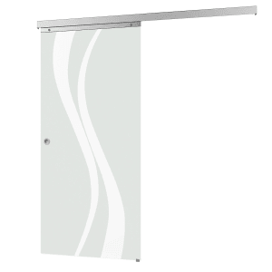 inova Glasschiebetür mit wellenförmigem, satiniertem Design und Griffmuschel im Komplettset.