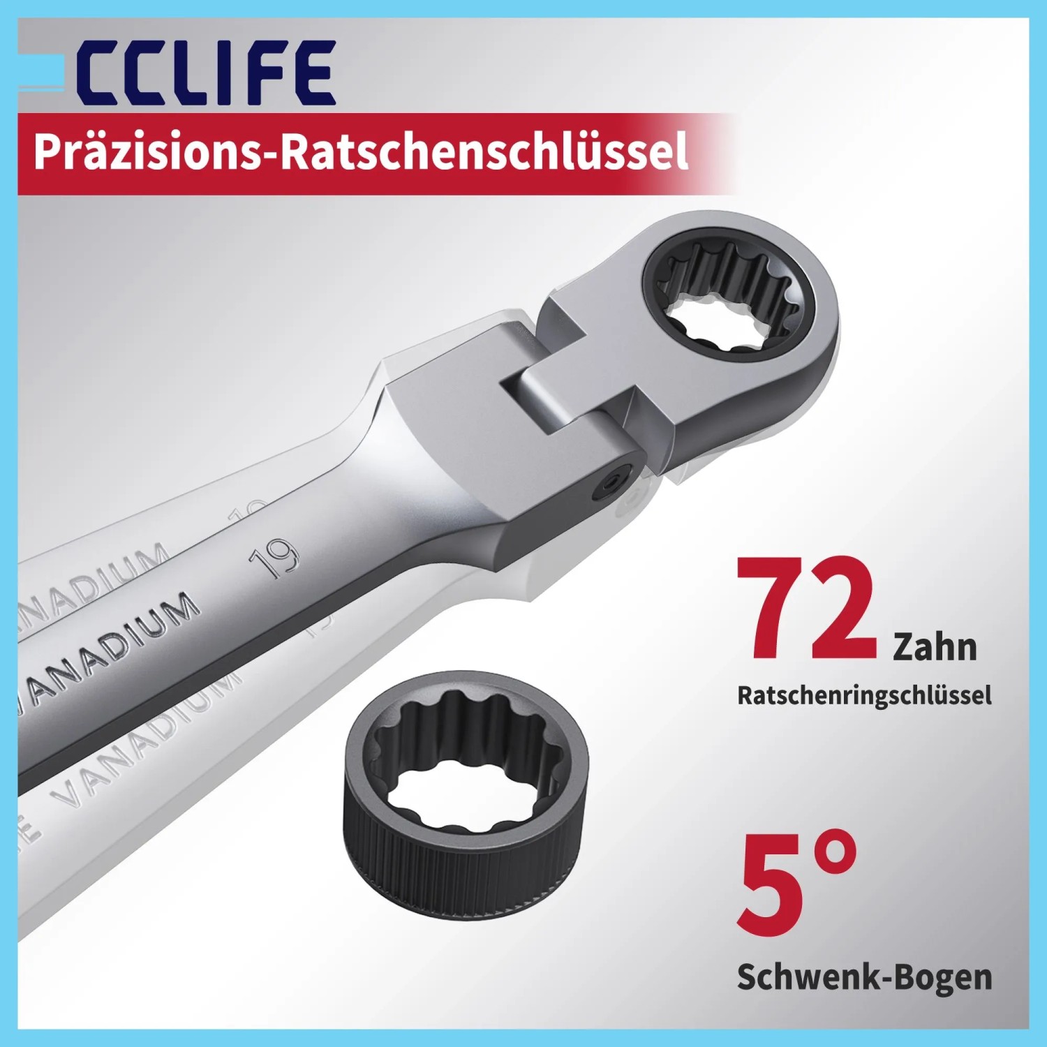 Silberner CCLIFE Präzisions-Gelenk-Ratschenschlüssel 19mm mit 72 Zähnen und 5° Rückholwinkel.