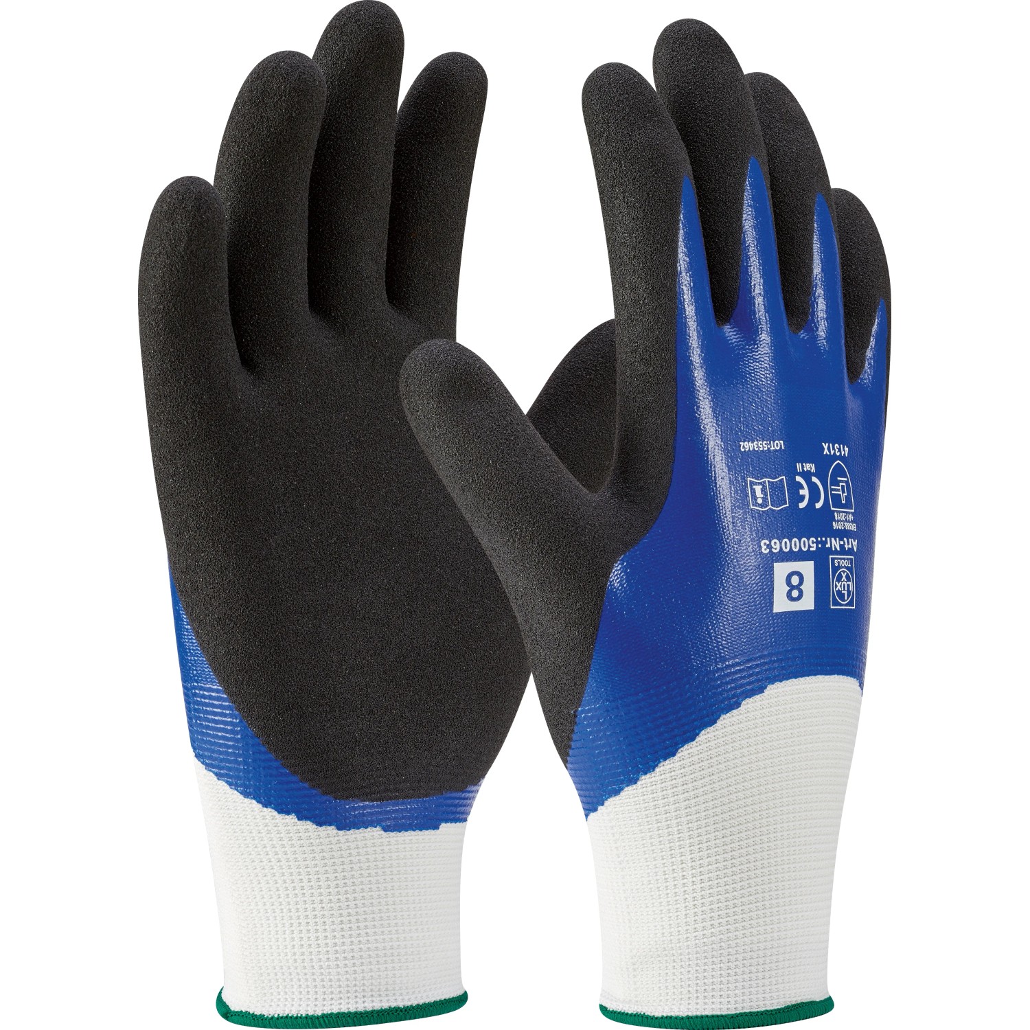 Blau-schwarze Gartenhandschuhe mit Nitril-Vollbeschichtung, Größe 8, für Gartenarbeiten.