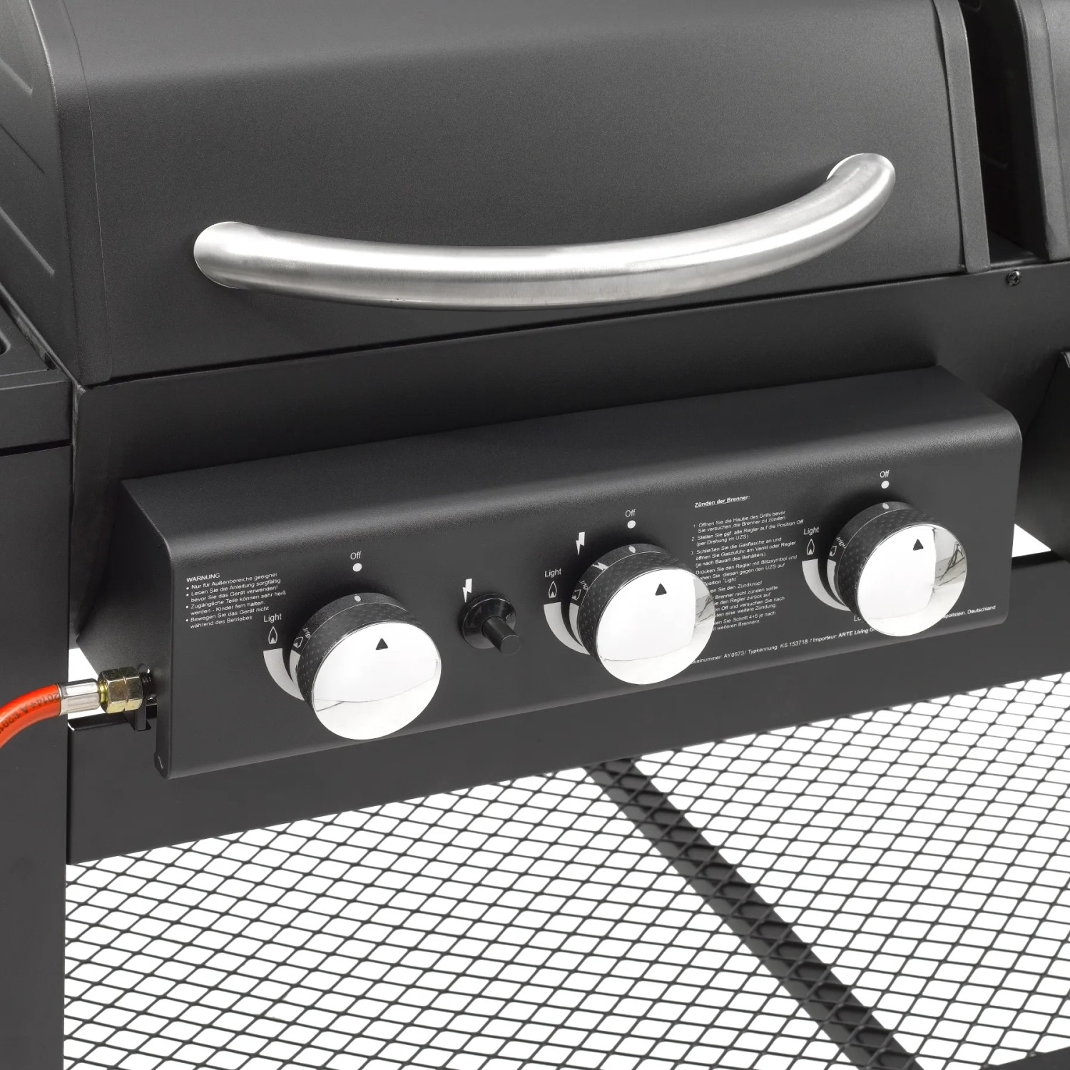 Detailaufnahme des El Fuego 3in1 Kombigrill Sierra mit Gasbrenner-Reglern und Edelstahlgriff.