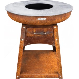 Remundi Feuerplatte Zelos L Basic: Rostfarbene Feuerschale mit Grillplatte und Ablage.