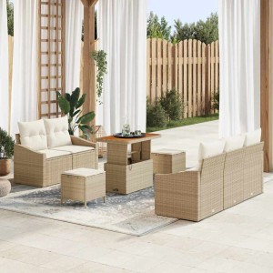 Beiges 8-teiliges vidaXL Garten-Sofa-Set aus Poly Rattan mit Tisch und Kissen.