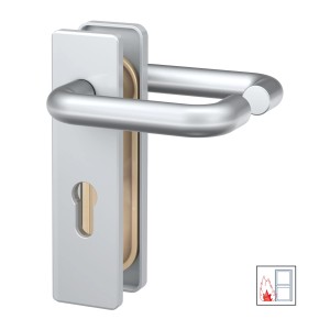 Basi Feuerschutz-Drückergarnitur, Kurzschild eckig, Alu F1. Türbeschlag für Feuer-, Keller- und Zimmertüren.