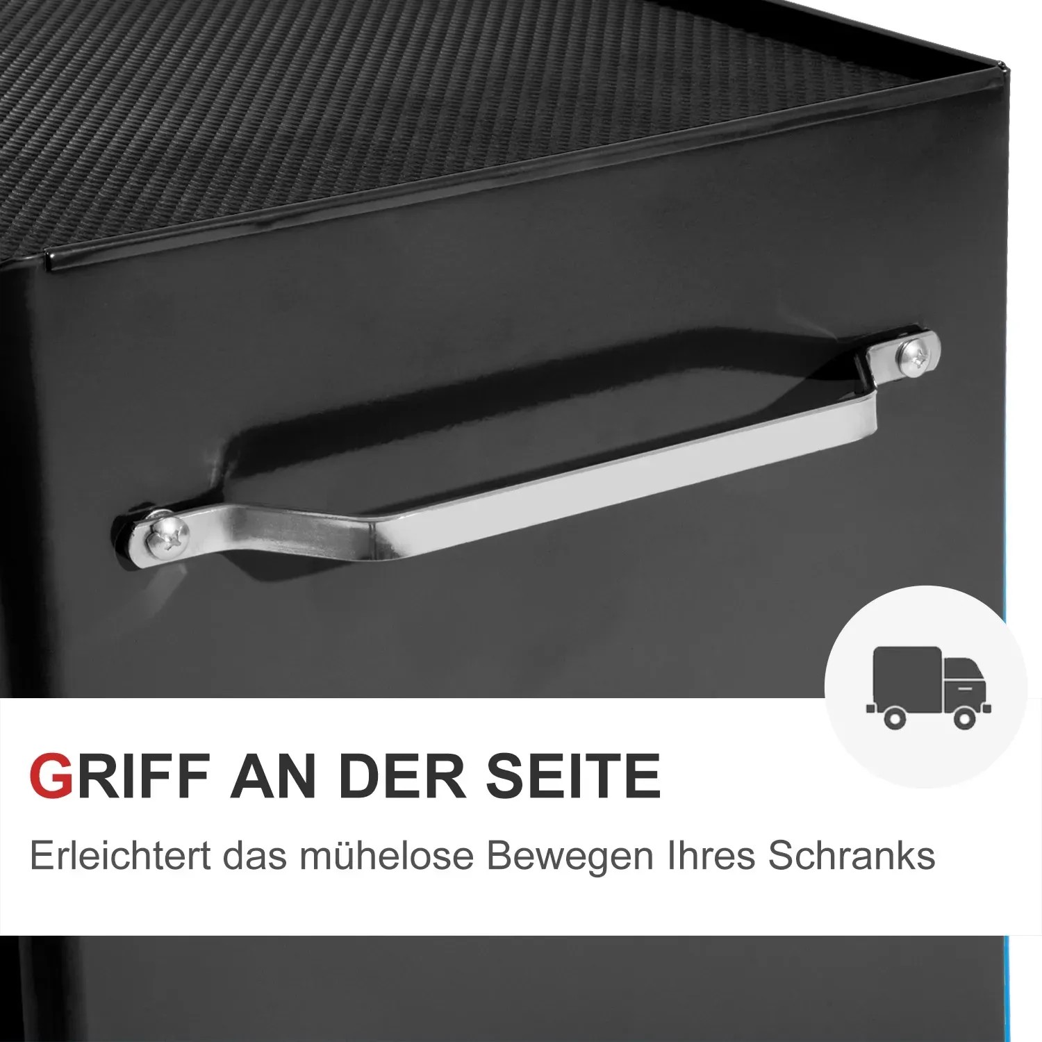 Detailaufnahme: Seitlicher Griff am schwarzen Werkstattwagen für leichten Transport.