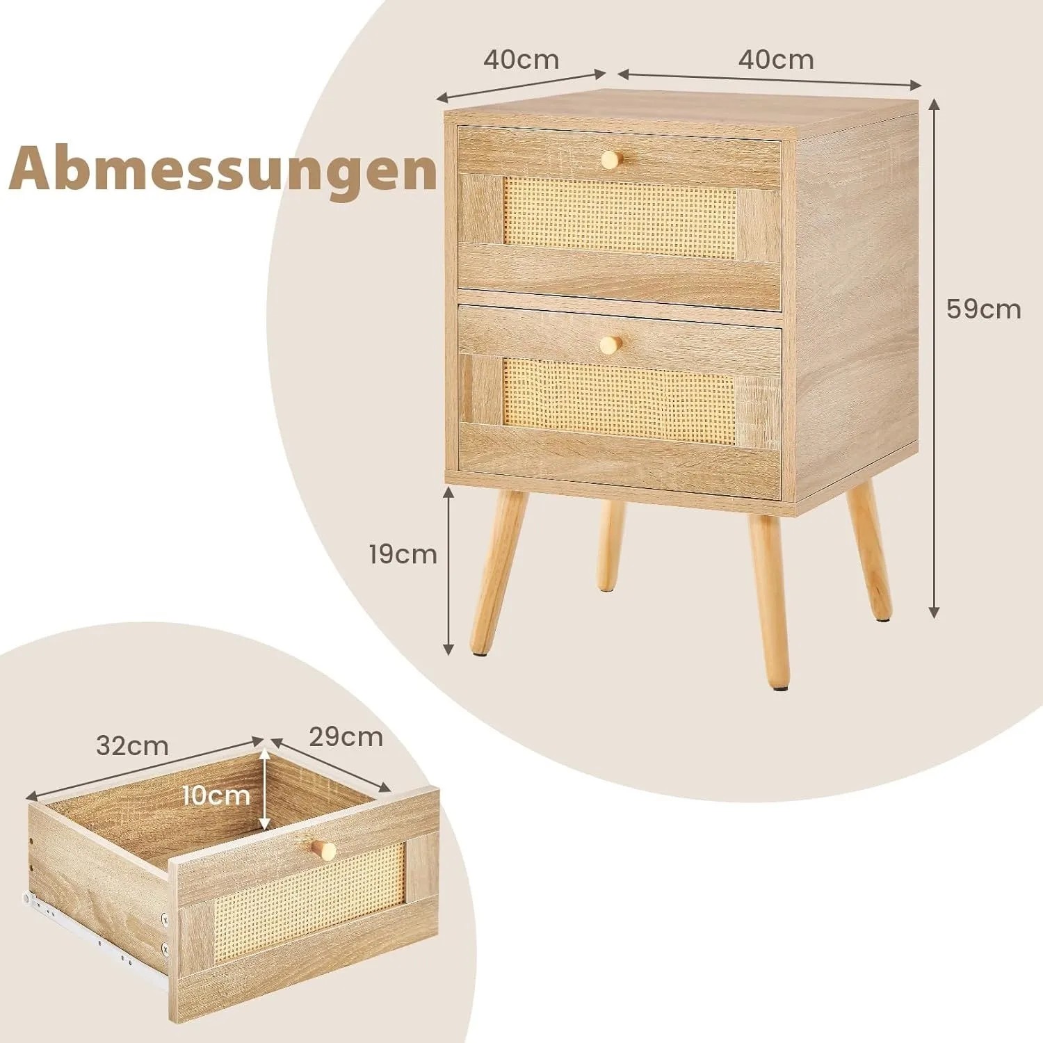 Heller Nachttisch mit 2 Rattanschubladen, Holzbeinen und Maßen 40x40x59 cm. Modernes Schlafzimmermöbel.