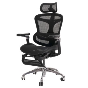 Ergonomischer MCW Bürostuhl N54 mit Fußstütze, Lordosenstütze und 6D-Armlehnen in Schwarz.