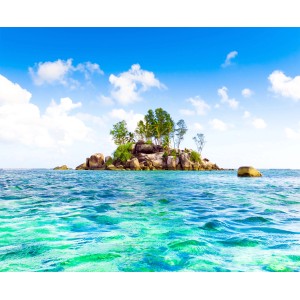 Sanders & Sanders Fototapete: Meerblick mit Insel, blau, grün, beige. Wanddeko für Urlaubsfeeling.