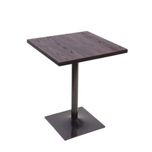 Dunkelbrauner quadratischer Bistrotisch aus Ulmenholz mit schwarzem Metallfuß, ideal für Gastronomie.