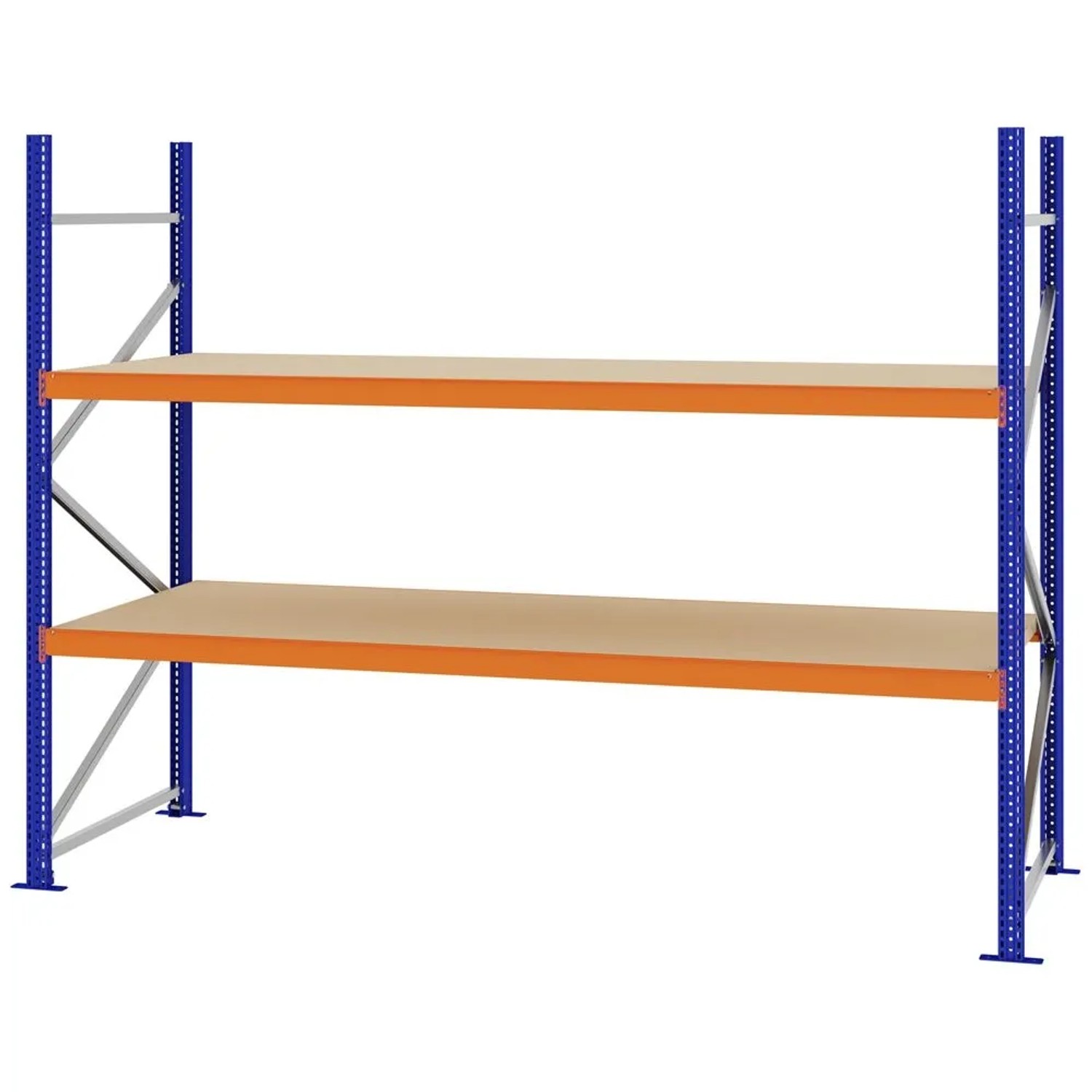 PROREGAL Weitspannregal Schraub-Stecksystem MAGNUS PRO Made In Germany Grundregal 200x250x100cm 2 Ebenen Spanplattenböden Fachlast 430kg Blau/Orange
