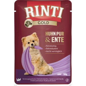 Rinti Gold Hunde-Nassfutter Huhn & Ente, 100g. Alleinfutter mit zarten Fleischstückchen für Feinschmecker.