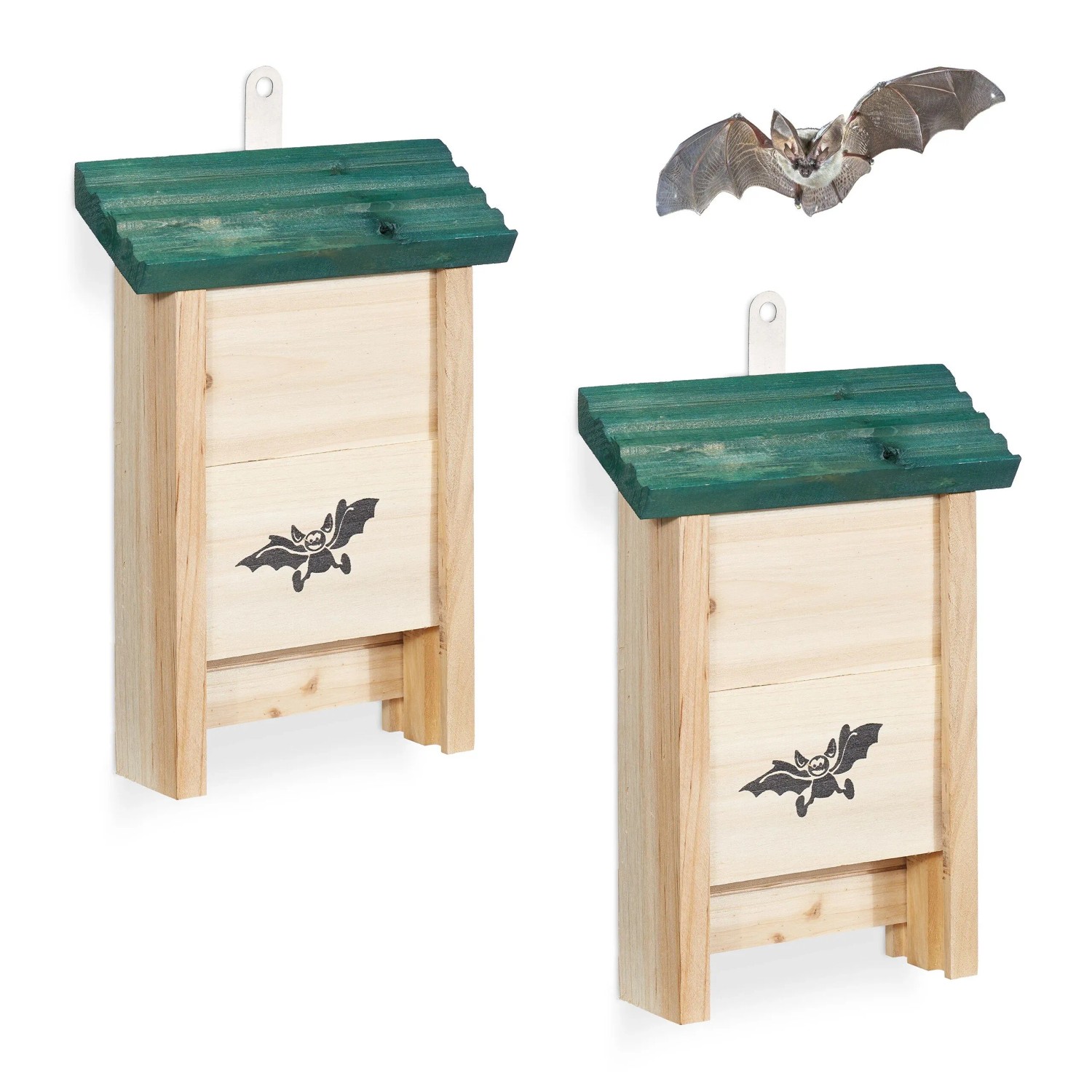 Relaxdays Fledermauskasten 2er Set Tannenholz Metall Grün Unbehandelt 25 cm x 18 cm x 6 cm 320 g