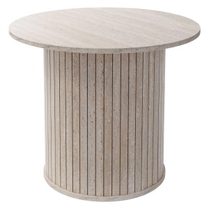 Runder Couchtisch in beiger Stein-Optik, Ø60 cm. Zylindrischer Fuß mit vertikalen Rillen. Ideal für Wohnzimmer.