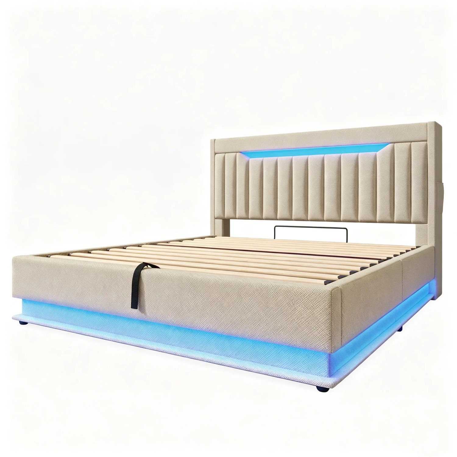 okwish Polsterbett 160x200cm mit LED Stauraum Einzelbett Beige mit Matratze