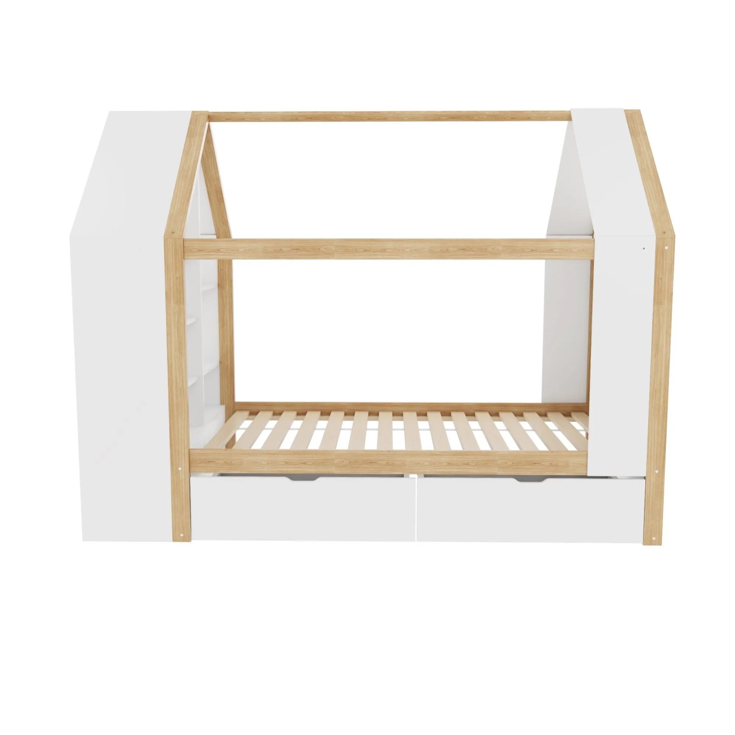 Merax Kinderbett Hausbett 90x200 cm LED Schubladen Weiß Natur