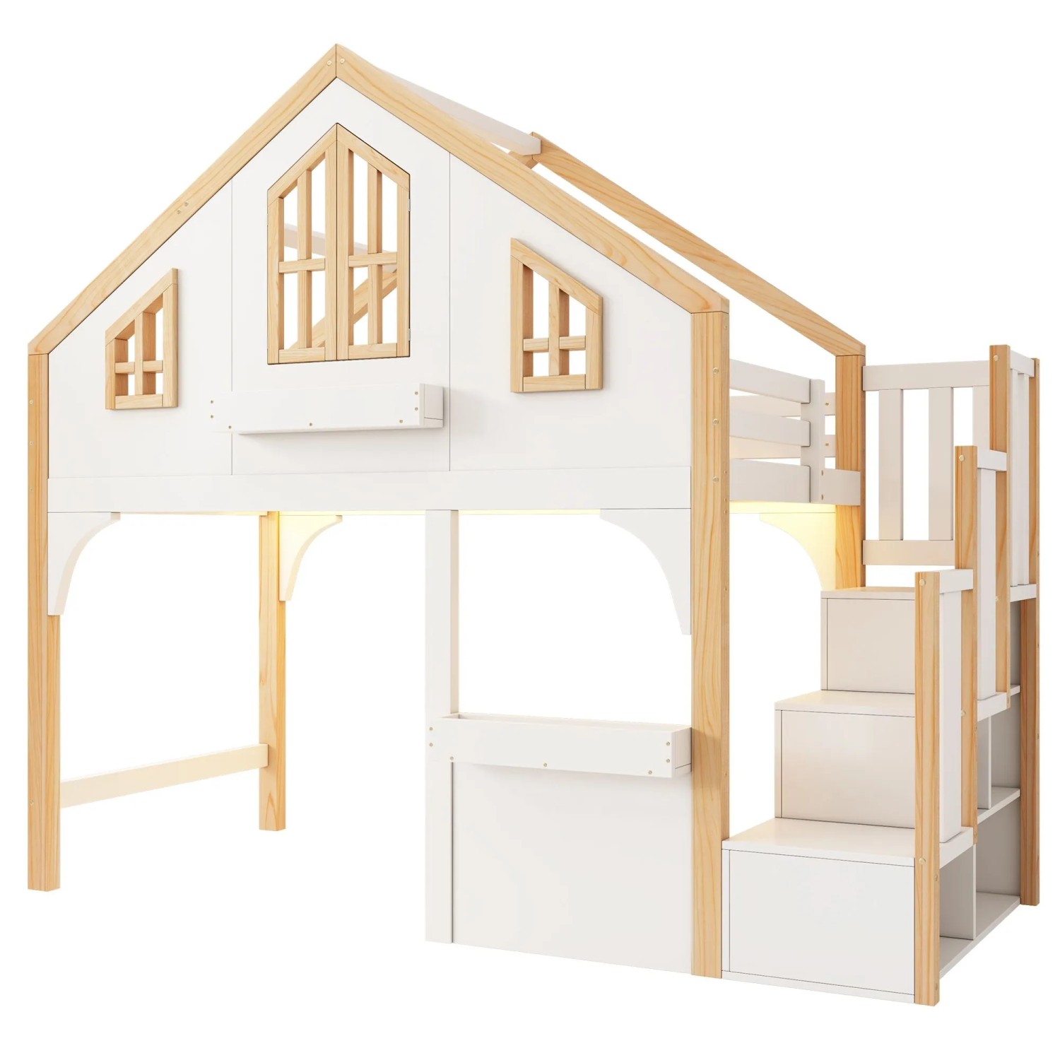 okwish Hausbett 90x200cm mit LED und Stauraumtreppe Weiß Natur ohne Matratze