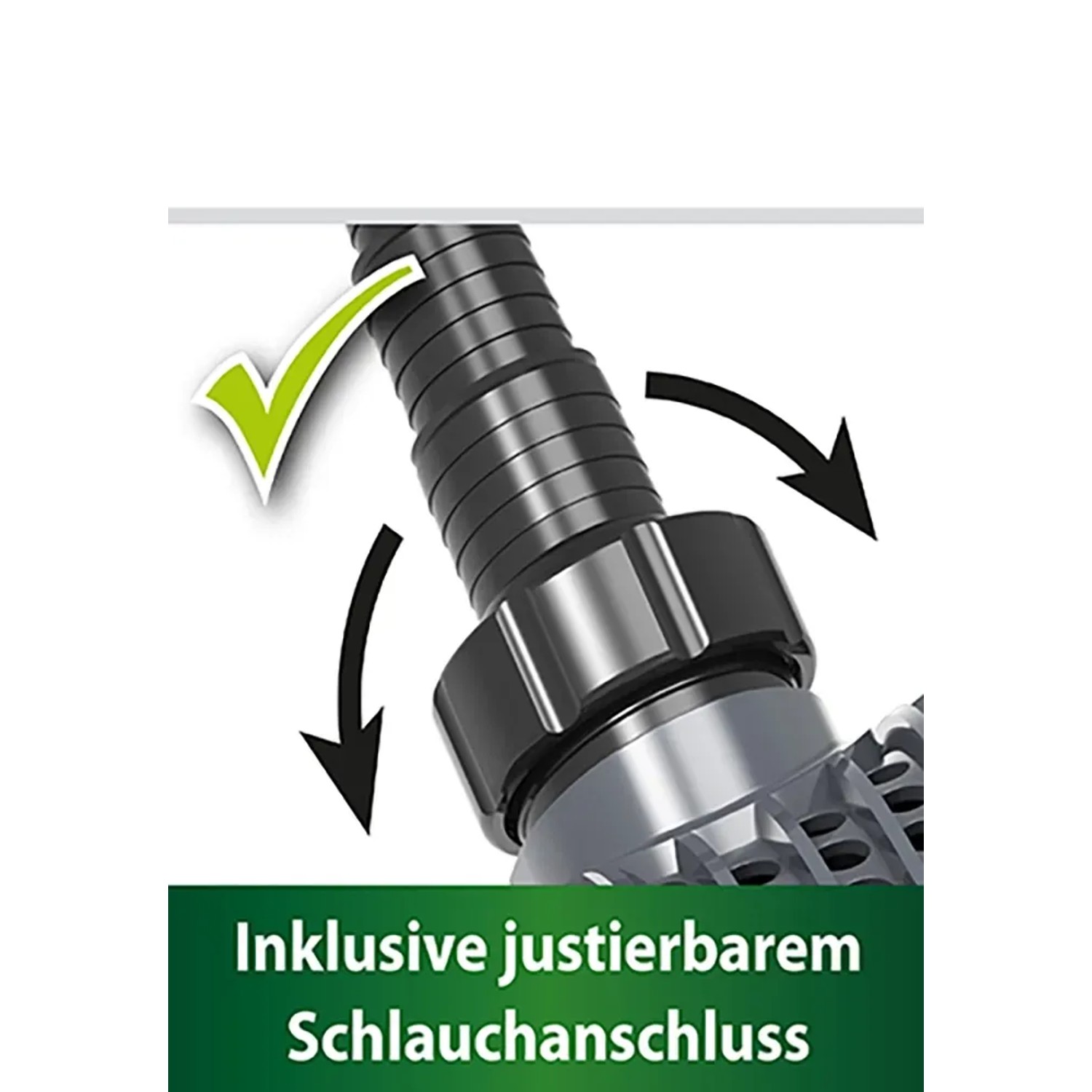 Detailaufnahme: Heissner Aqua Craft Eco Teichpumpe mit justierbarem Schlauchanschluss.