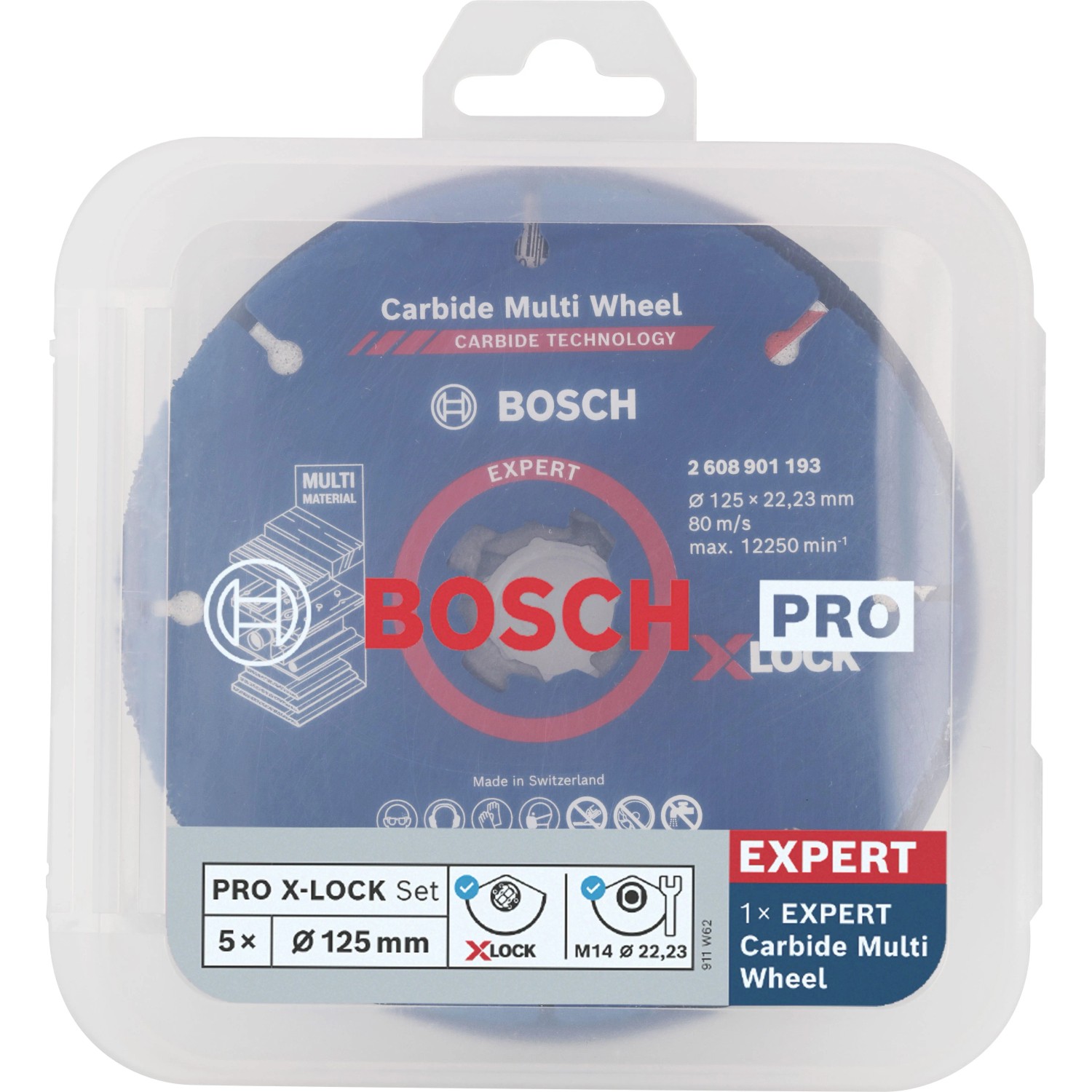 Bosch X-Lock Trenn- und Fächerschleifscheiben-Set 125 mm. Blaue Carbide Multi Wheel in transparenter Verpackung.