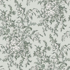 Laura Ashley Vliestapete Picardie Sage mit floralem Muster aus Rosen, Fingerhüten und Butterblumen.