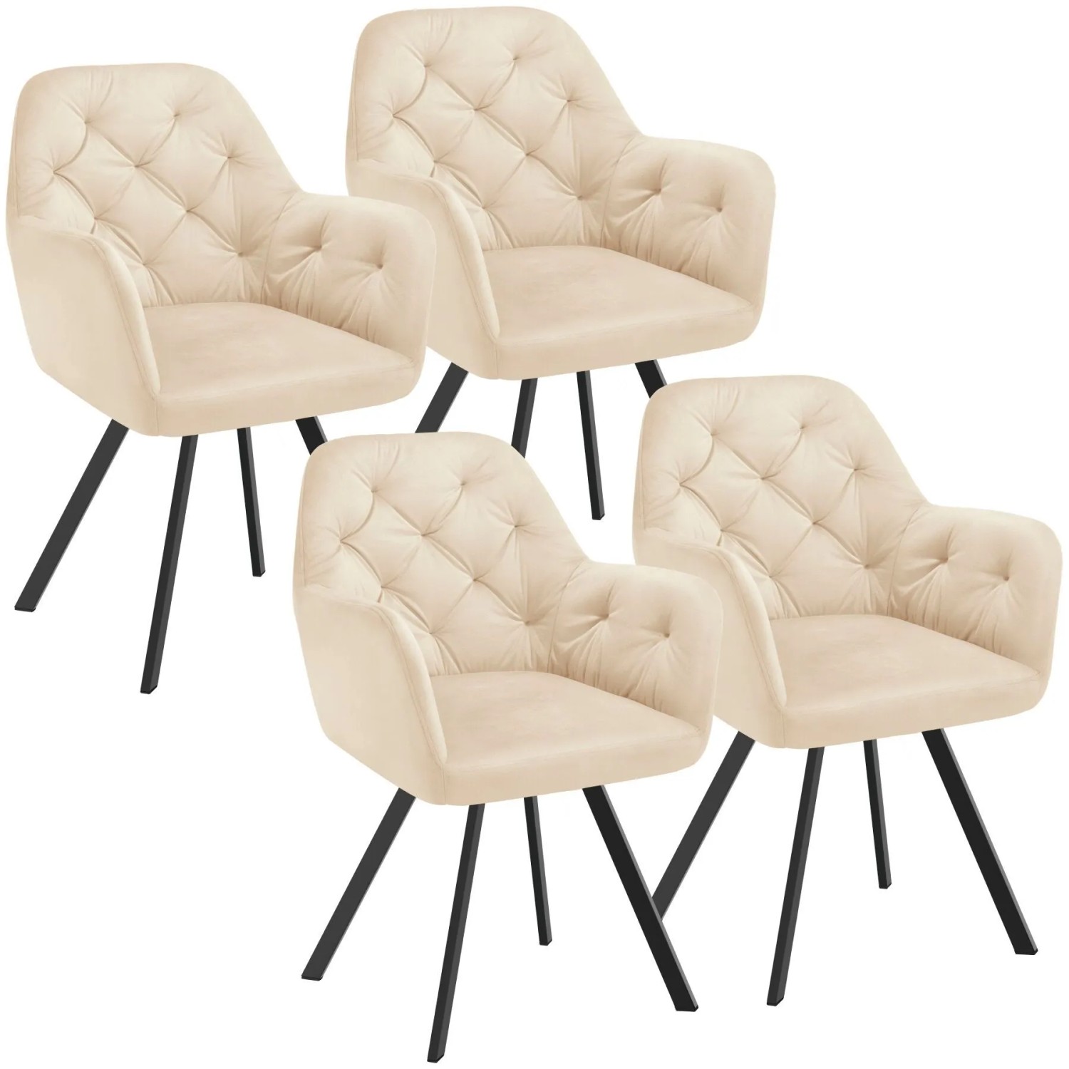 Tectake Drehbarer Samt Armlehnstuhl Lucia Gepolstert  Mit Steppmuster Mit Durchgehender Lehne 4Er Set 58 x 58 x 87 cm Creme