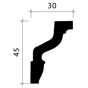 Abbildung einer weißen PROFHOME Eckleiste/Deckenleiste (200x3x4,5cm) mit Maßangaben.