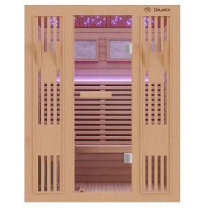 Dewello finnische Sauna Minto 150x130 aus Hemlockholz mit Harvia Ofen und LED-Beleuchtung.