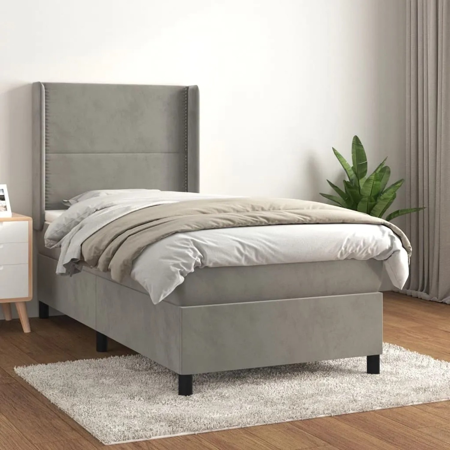 Hellgraues vidaXL Boxspringbett (100x200 cm) mit Samtbezug und Matratze.