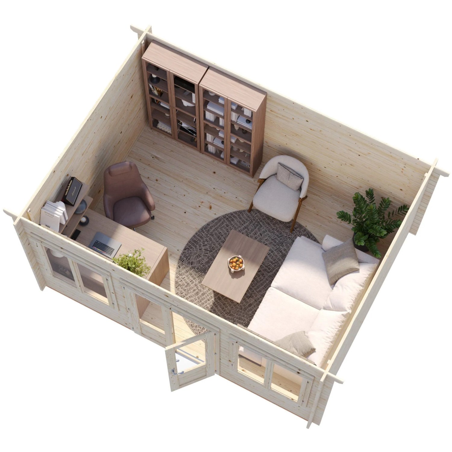Innenansicht Palmako Lisa Holz-Gartenhaus: Büro- und Wohnbereich im naturbelassenen Gartenhaus.