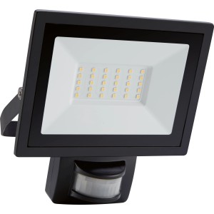 Schwarzer LED-Außenstrahler mit Sensor, 30W, 2550lm für Garten und Terrasse.