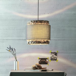 Grau-beige Pendelleuchte Waterlilly, 1-flammig, aus Metall, Textil und Wasserhyazinthe.