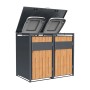 Westmann Mülltonnenbox Varius 2 aus anthrazitfarbenem Stahl mit Holzoptik-Fronten, Deckel für 2 Mülltonnen geöffnet.