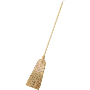 Reisstrohbesen mit Holzstiel und farbigen Zierstreifen für feinen Schmutz.