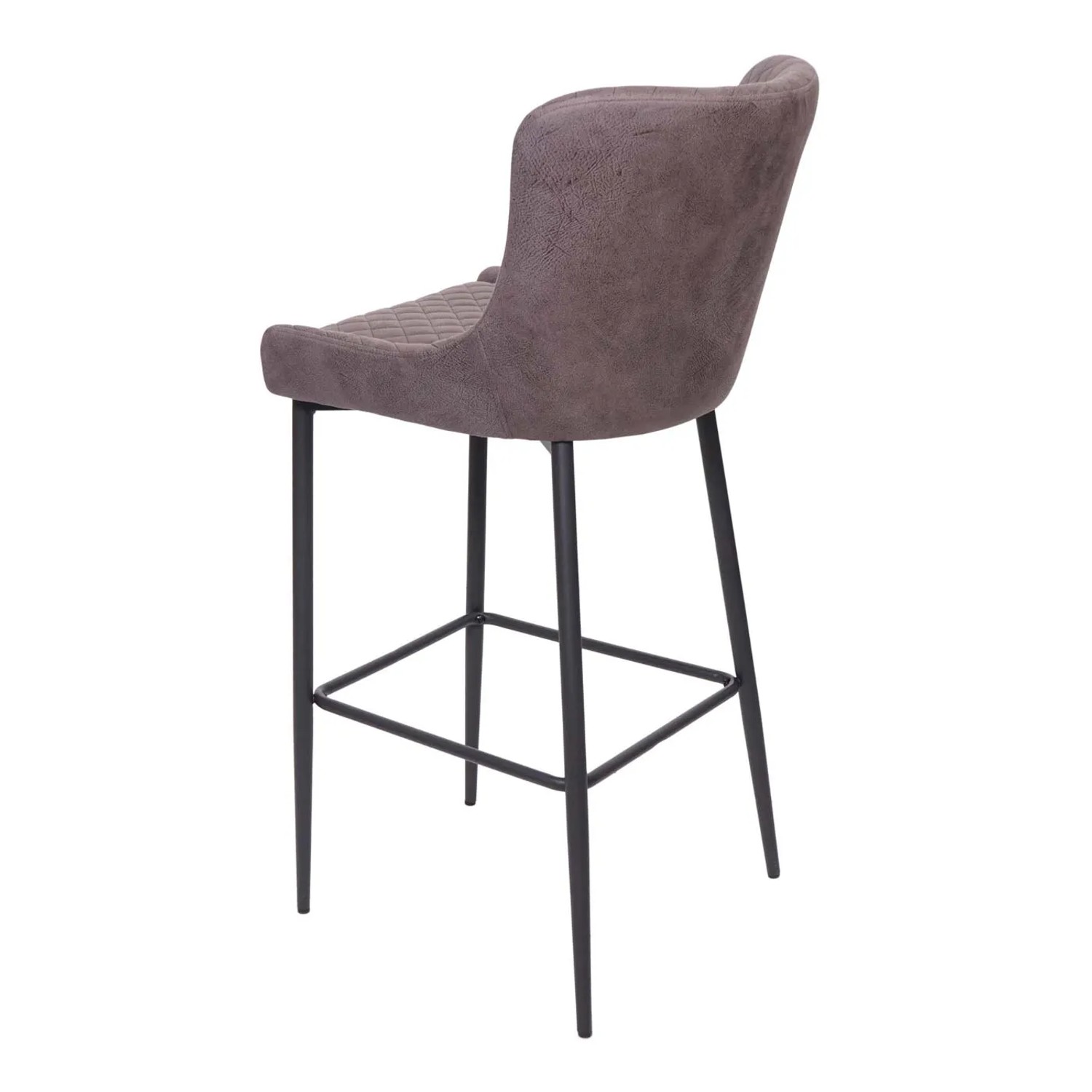 Dunkelgrauer Vintage Barhocker mit Lehne, gepolsterter Sitzfläche, Rautenmuster und schwarzem Metallgestell mit Fußablage.