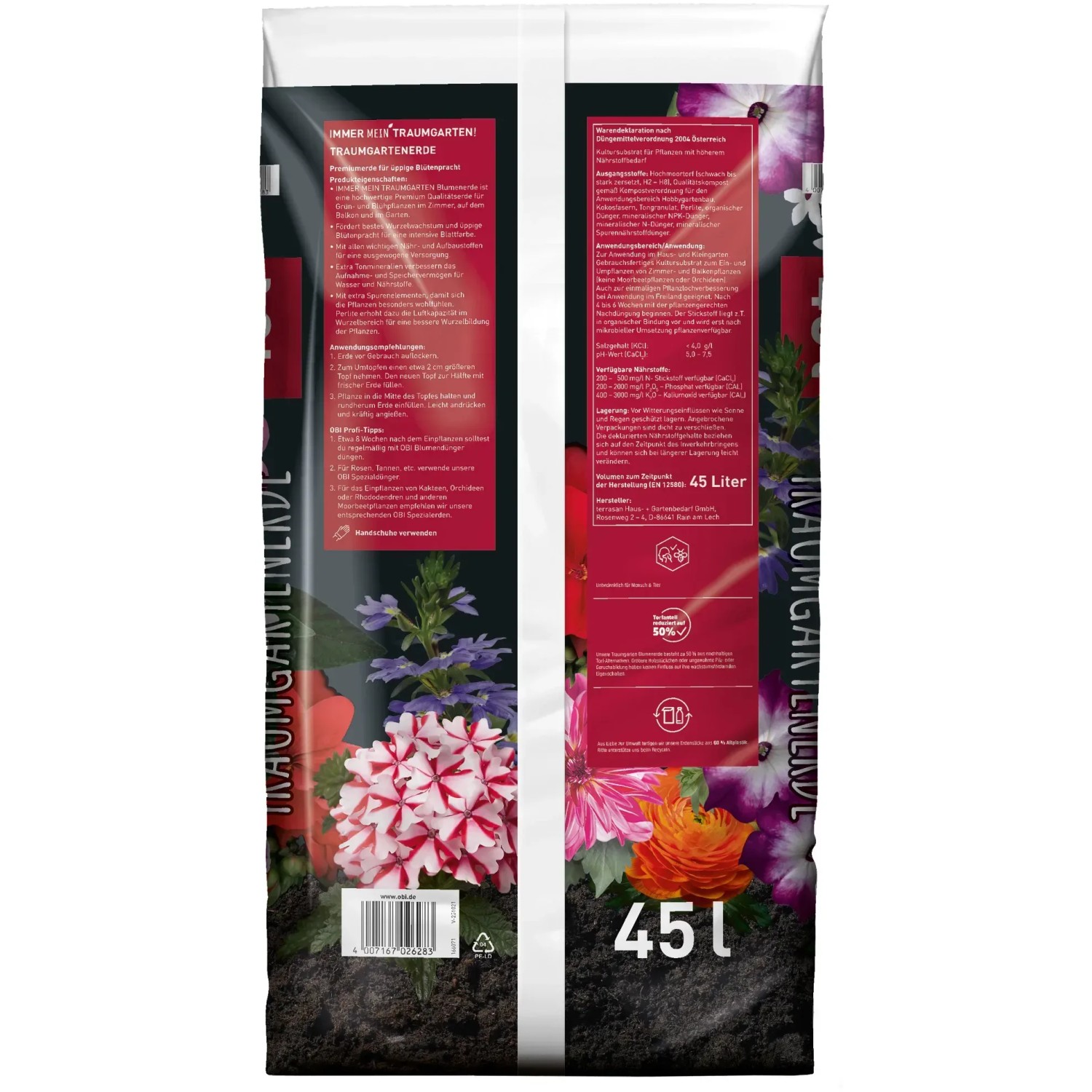 Sack OBI Traumgartenerde mit Wasserspeicher, 45 l, für Grün- und Blühpflanzen.