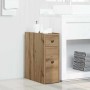 Schmaler Badschrank Artisan-Eiche aus Holzwerkstoff mit Schublade, Tür und Rollen. Ideal für Bad oder Wohnzimmer.