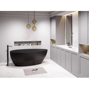 Schwarze, freistehende Badewanne Apulia 160 cm in modernem Bad. Matte Oberfläche, zylindrische Form, Design.