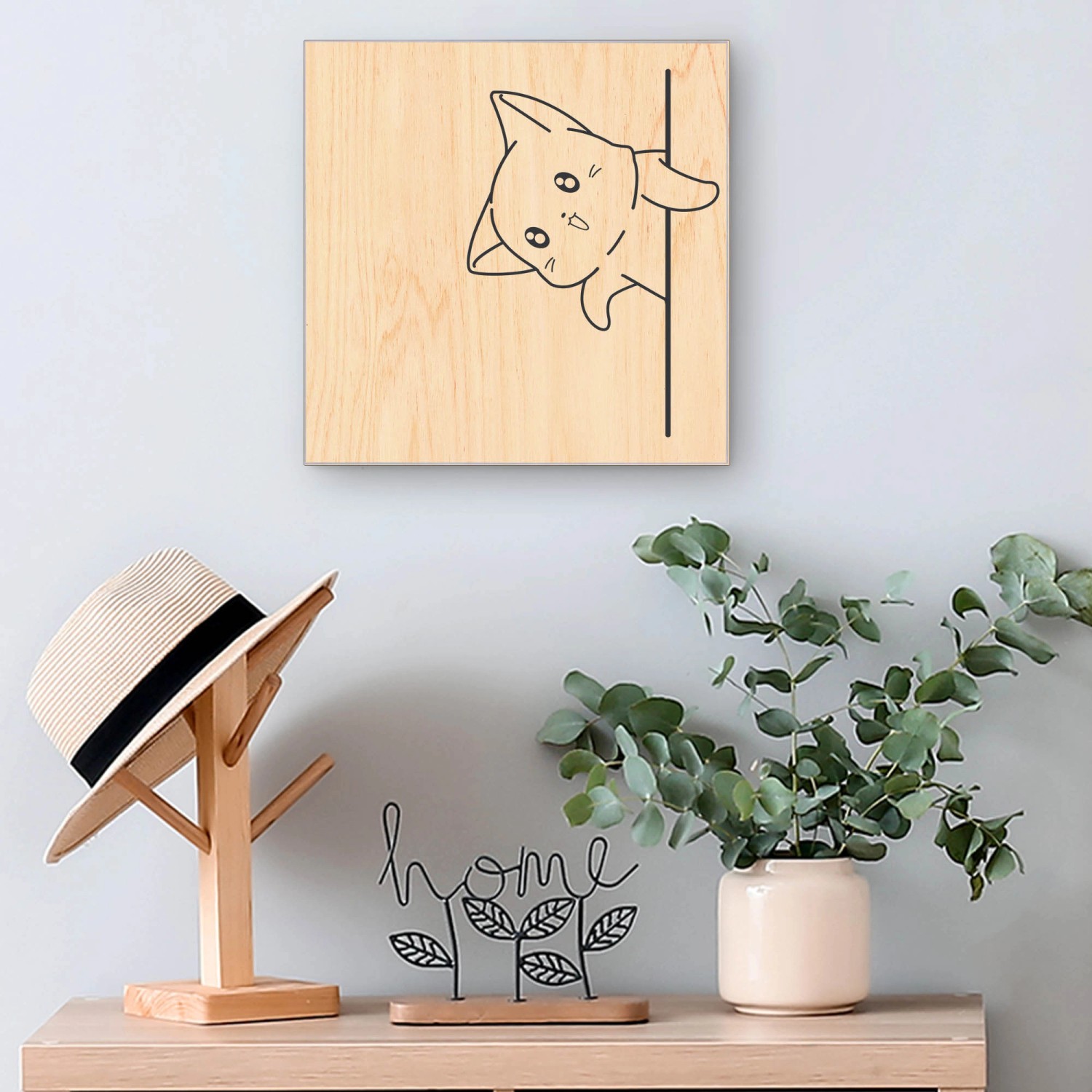 Weißer Schlüsselkasten aus Holz (30x30cm) mit Katzenmotiv für 50 Schlüssel.