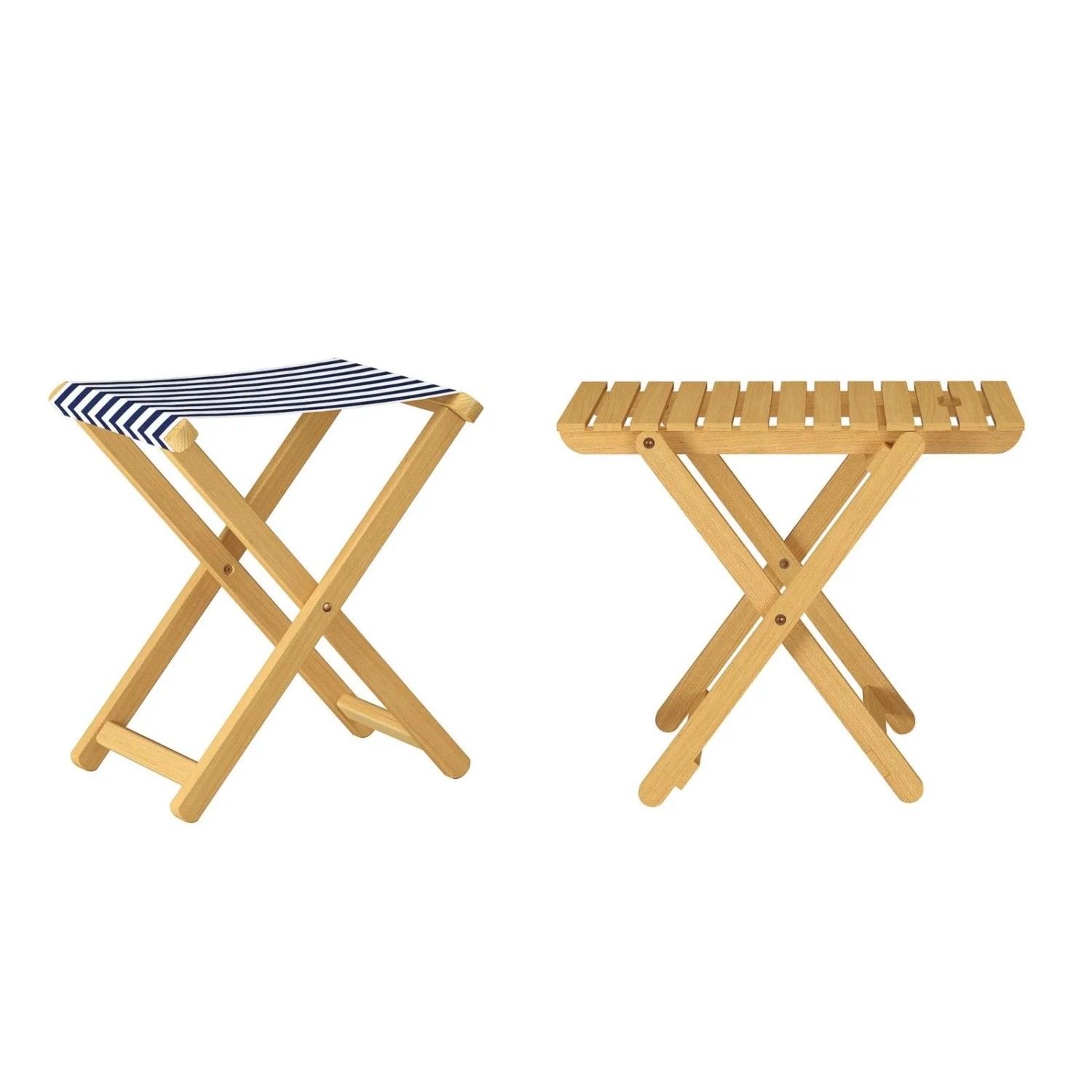 Erst-Holz Klappbarer Gartenstuhl Buche Natur Stoff Blau-Weiß 10-210 Einzelstück mit Tisch