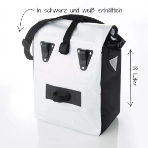 Fischer Kurier Gepäckträgertasche, weiß-schwarz, 18 Liter, wasserabweisend mit Schultergurt.