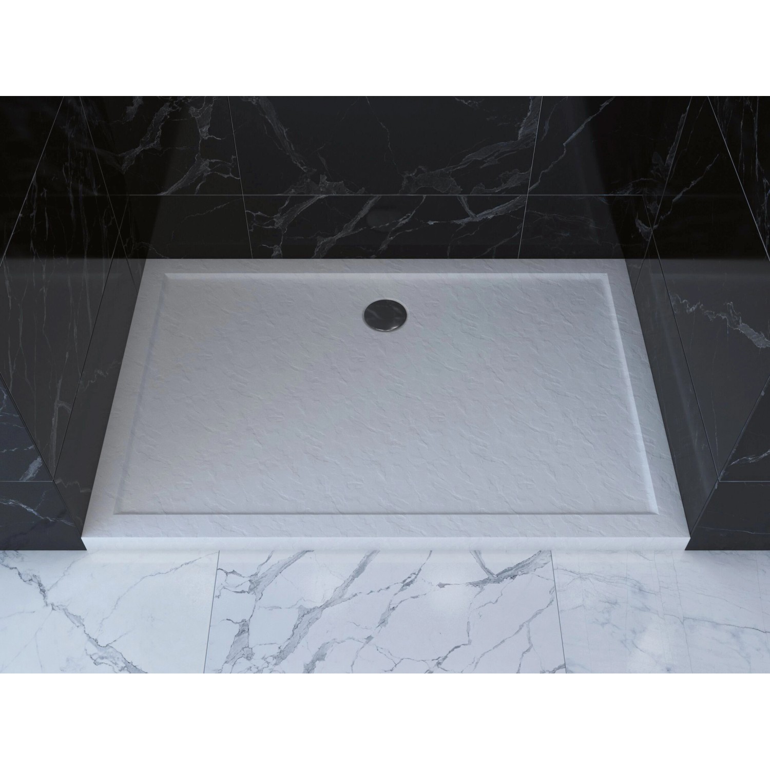 Weiße, rechteckige baliv Duschwanne DW-120.80E in Steinoptik, 120x90 cm.