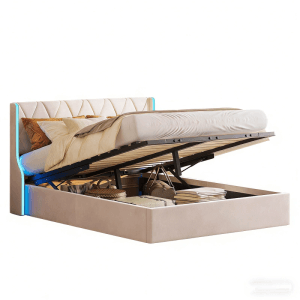 PXloue Polsterbett 160x200cm-Hydraulisches Stauraumbett mit LED-Samt Beige