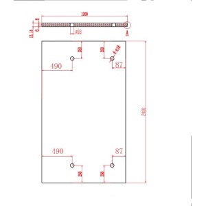 Technische Zeichnung Glasvordach Olymp Milchglas, Maße 200x120 cm, Bohrungen für Halterungen.