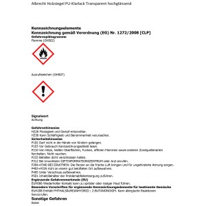 Sicherheitshinweise und Gefahrensymbole für Albrecht Holzsiegel PU-Klarlack.