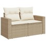 Beige vidaXL Garten-Sofagarnitur aus Rattan mit cremefarbenen Kissen.