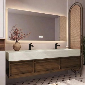 Modernes 360Home Doppelwaschbecken Set 130 cm mit Sinterstein-Platte, zwei Becken, dunklem Schrank und LED Spiegel.